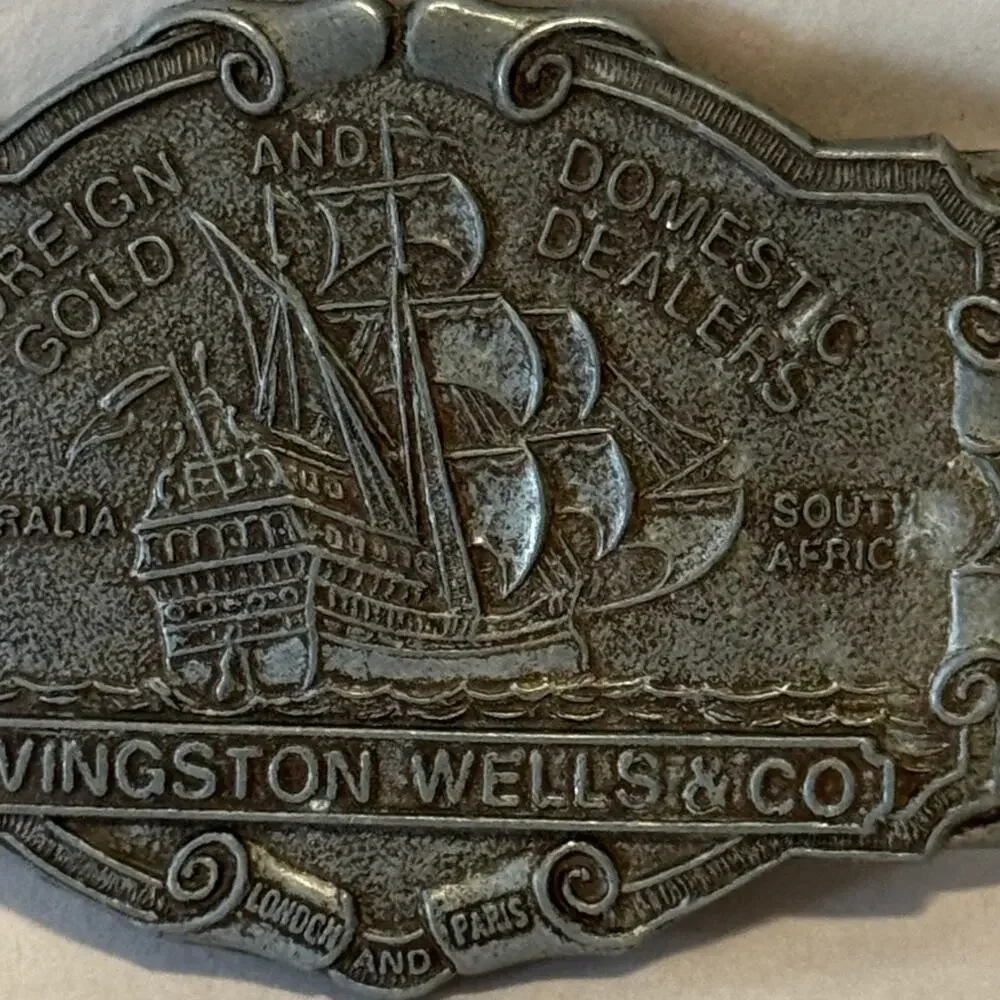 Vintage Circa 70s Pewter Livingston Wells & Co Gold Dealers Belt Buckle